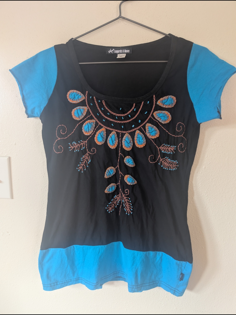Black and Turquoise Embroidered Women's Scoop Neck Top